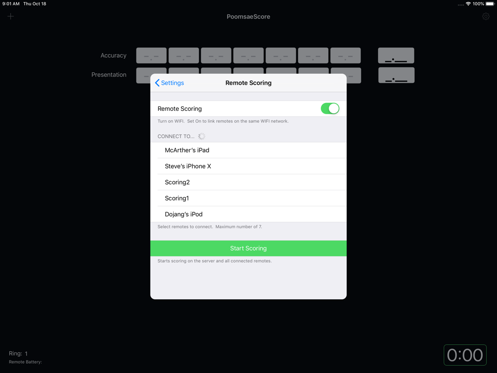 PoomsaeScore - PoomsaeScore iPad interface showing remote device connection settings for Taekwondo scoring
