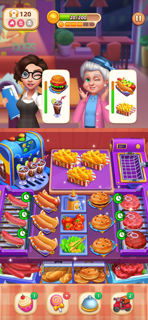 Vertical mobile gameplay of Cooking World showing a fast food kitchen serving burgers and hot dogs to customers.