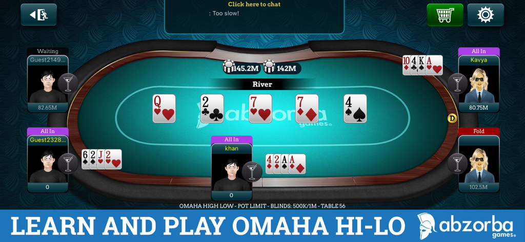 Mesa de poker online mostrando gameplay de Omaha High-Low com avatares de jogadores e cartas comunitárias