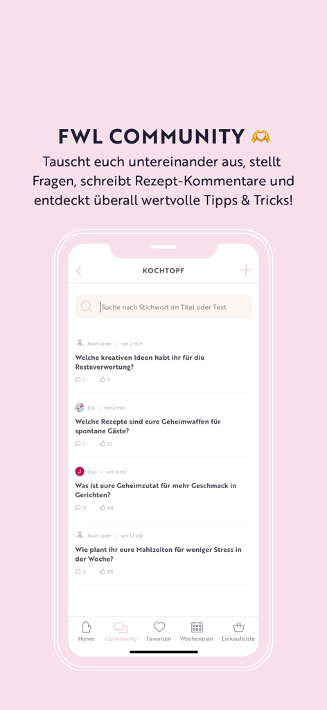 Bildschirm einer mobilen App, der das Community-Forum von Food with Love mit Kochdiskussionen zeigt