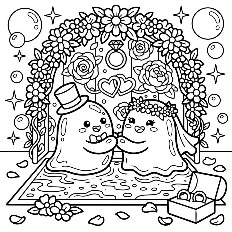Dive into a joyous celebration with our Water Slime Wedding coloring page, perfect for kids. Watch as two adorable water slimes say 'I do' under a beautiful floral arch, ready for a splash of color.