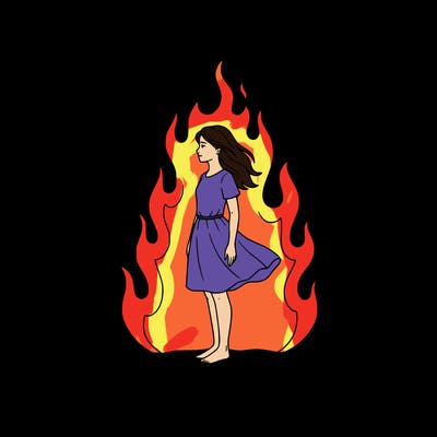there is a fire but it's not so big but it's big but not too much and there is a girl standing in the middle
