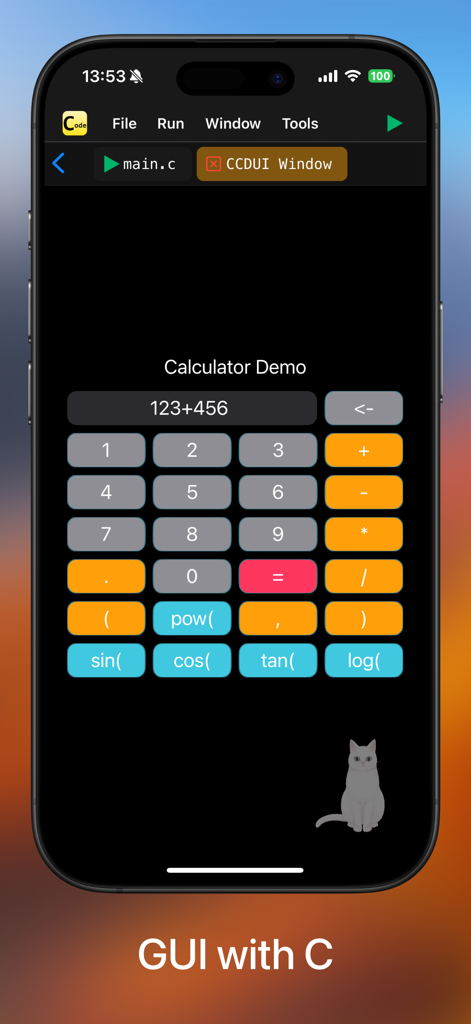 Interface do aplicativo C Code Develop mostrando uma demonstração de interface gráfica de calculadora em um iPhone.