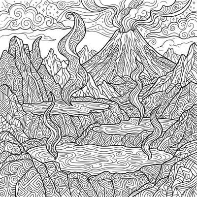 Unwind with this captivating Zentangle hot springs coloring page, a unique blend of natural wonder and intricate design. Explore a geothermal landscape filled with a majestic volcano, steaming pools, and mesmerizing patterns awaiting your creative touch.