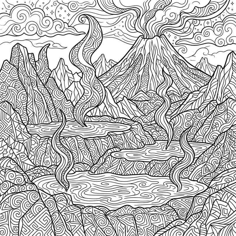 Unwind with this captivating Zentangle hot springs coloring page, a unique blend of natural wonder and intricate design. Explore a geothermal landscape filled with a majestic volcano, steaming pools, and mesmerizing patterns awaiting your creative touch.