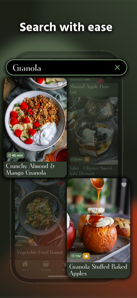 Ein mobiler Bildschirm aus der Pick Up Limes App, der Suchergebnisse für Granola mit hochwertigen veganen Rezeptfotos zeigt.