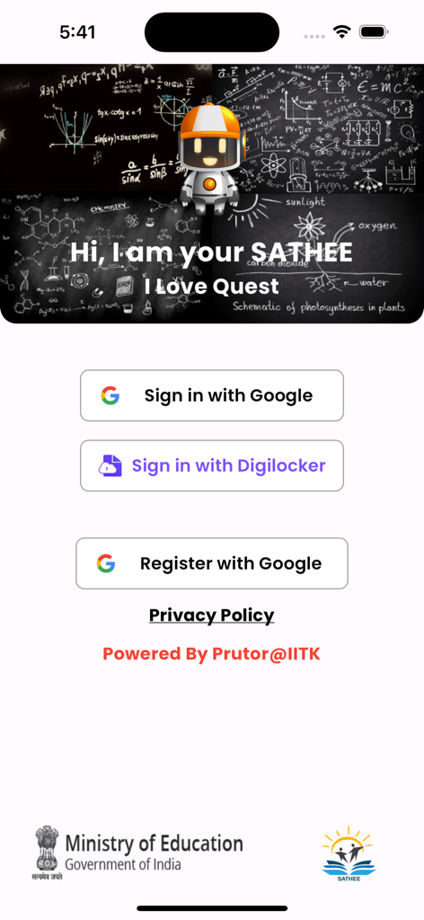Sathee - The login screen of the Sathee education app featuring a robot mascot and sign-in options for Google and Digilocker.