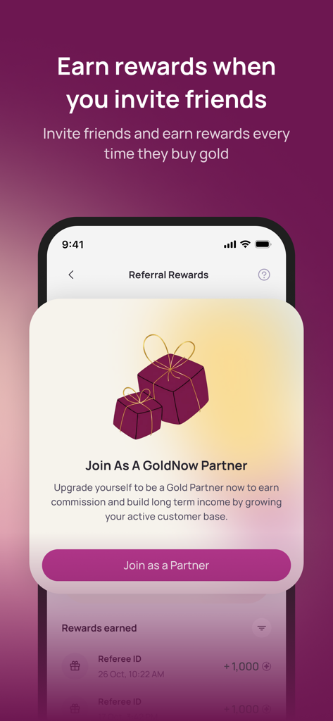 Tomei GoldNow app screen showing referral rewards and an invitation to join as a partner to earn commissions.