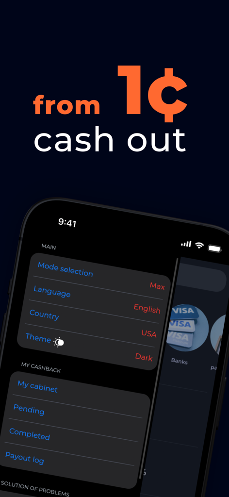 CashBack ZOZI: money back - Interfaz de la aplicación CashBack ZOZI mostrando la función de retiro de un centavo y las opciones del menú principal