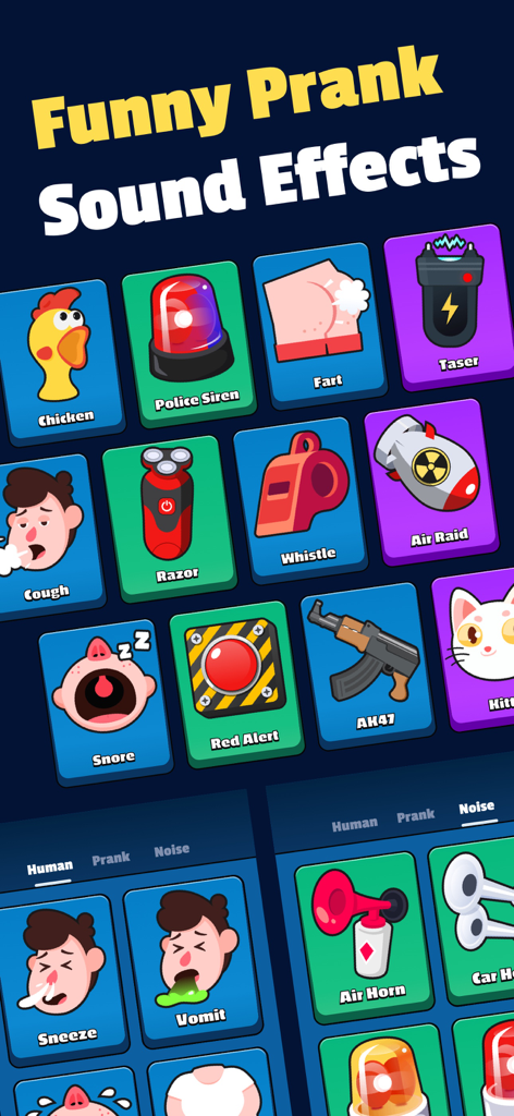 Prank Sounds - Fart Button App - A mobile app screen showing various buttons for prank sounds like fart air horn and taser