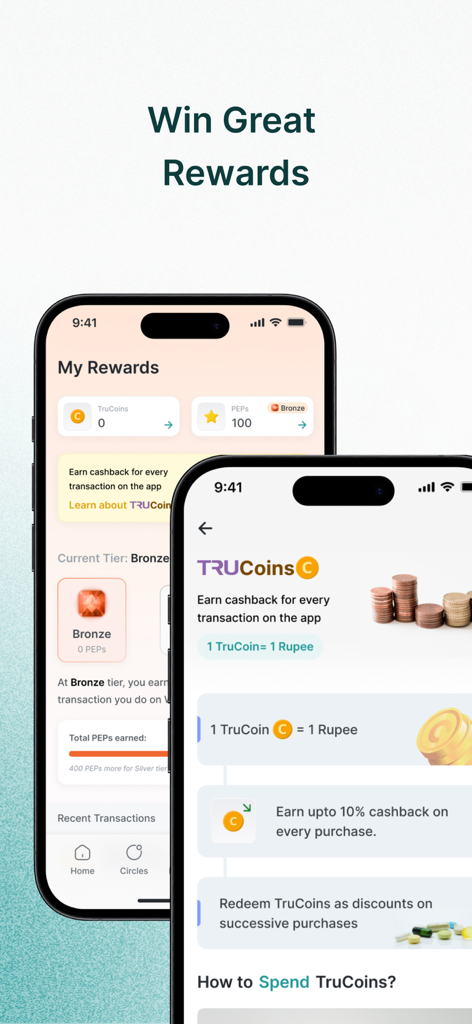 Dois ecrãs de smartphone mostrando o painel de recompensas da aplicação The Wellness Corner com TRUCoins e detalhes de cashback.