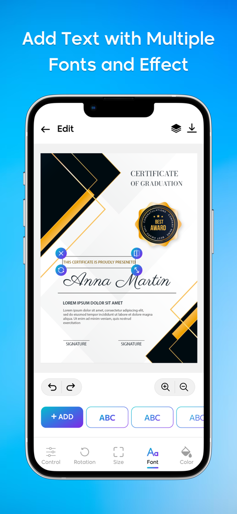 Certificate Maker - eCards - A mobile app screen showing the editing process of a professional graduation certificate with font and color options