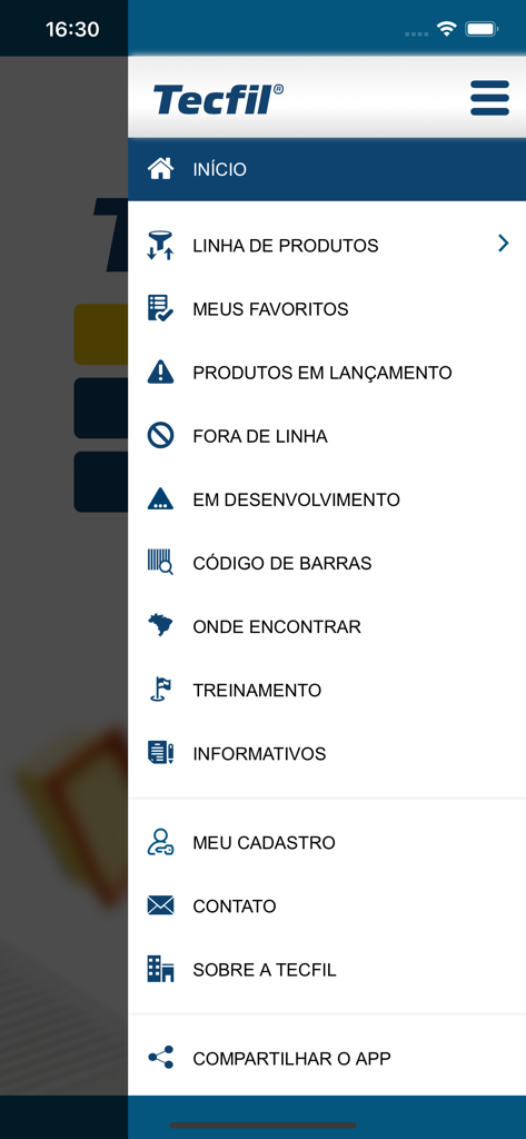 Filtros Tecfilモバイルアプリケーションのサイドバーナビゲーションメニュー。製品カテゴリとオプションが表示されています。