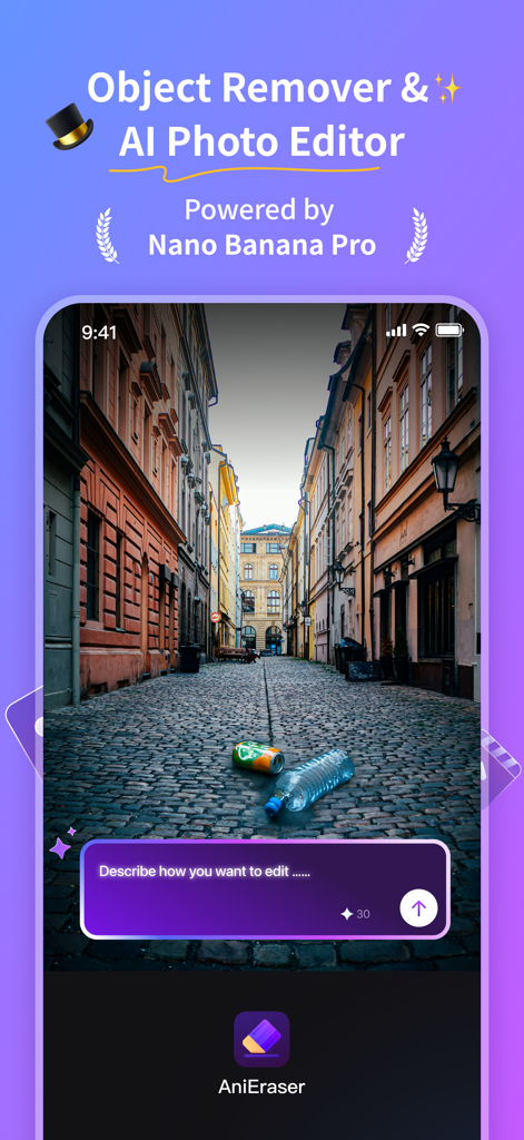 AniEraser - Object Removal - AniEraser app interface showing AI object removal from a street photo using a text prompt box