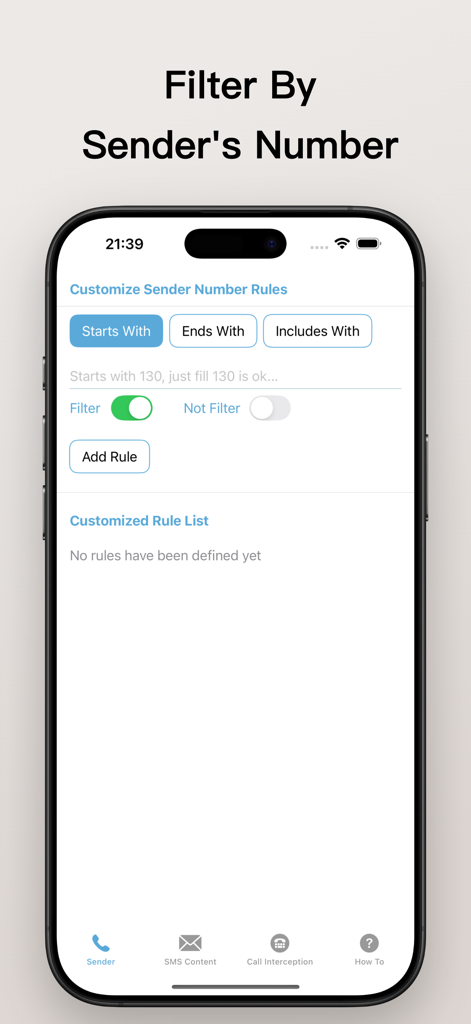 Quiet - Filter Spam SMS & Call - L'écran de personnalisation des règles de numéro d'expéditeur dans l'application Quiet montrant les options de filtrage par début, fin ou inclusion de chiffres.