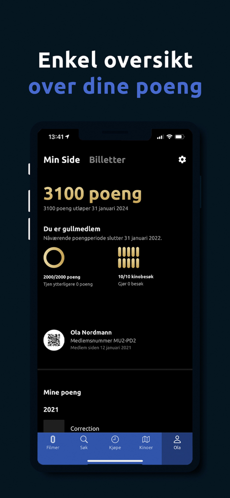 ODEON Kino - 獲得したロイヤリティポイントとゴールド会員ステータスを表示しているODEON Kinoアプリのユーザープロフィール画面。