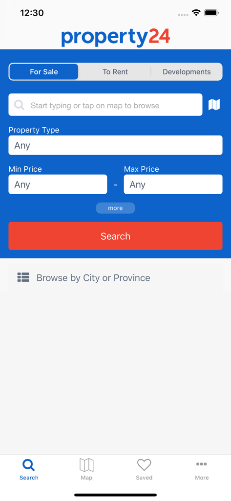 Property24 Kenya - Property24 Kenya app home search screen with property filters and map search options
