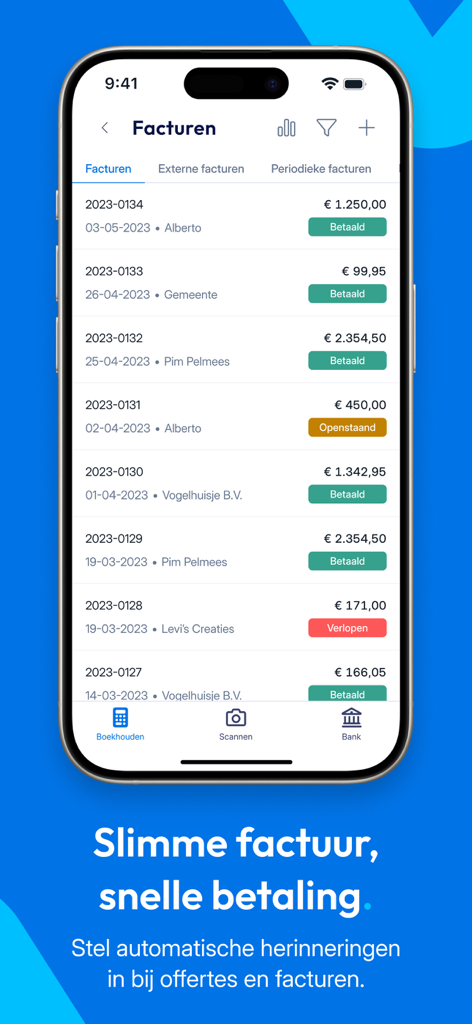 Moneybird mobile app screen showing a list of business invoices with payment status