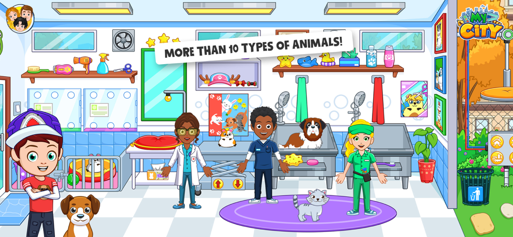 My City: Animal Care Shelter - Diverse cartoon characters caring for dogs and cats in a colorful animal shelter and veterinary clinic
