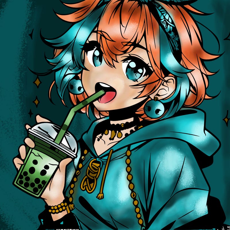 hot baddie anime girl drinking boba and biting the straw
