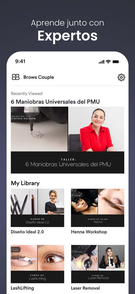Brows Couple - Brows Couple mobile app interface showing a library of beauty industry courses including lash lifting and laser removal