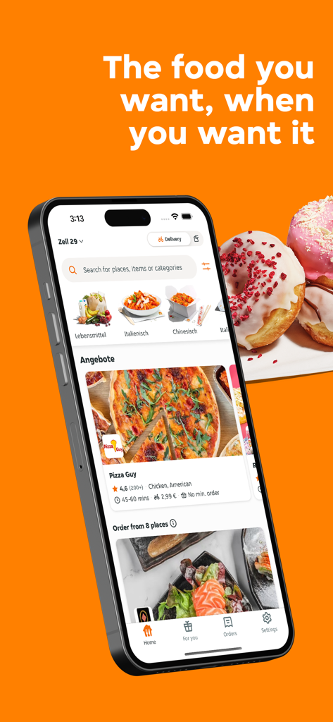 Tela do aplicativo móvel Takeaway mostrando opções de entrega de comida e mercearia