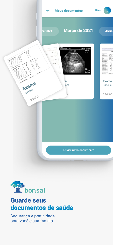 Bonsai - Saúde da sua família - Interface of the Bonsai health app displaying digital medical documents including blood exams and ultrasound results organized by date.
