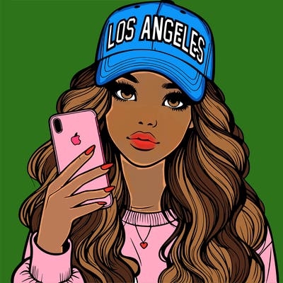 realistic beautiful girl wearing los ángeles cap holding an iphone