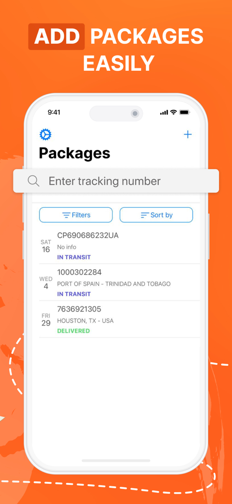 Interface of the package delivery tracker app showing a list of parcels and an input field to enter tracking numbers