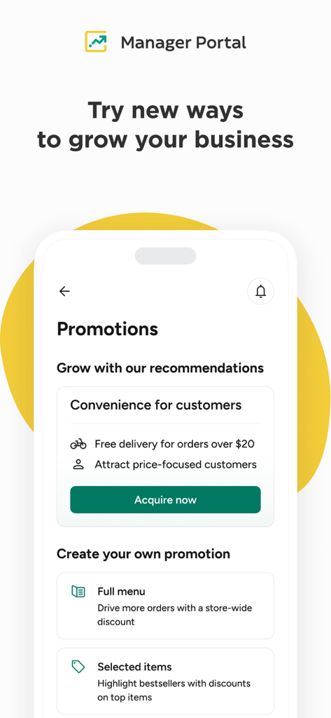 Glovo Manager Portal - Glovo Manager Portalアプリの画面。ビジネスを成長させるためのプロモーションとマーケティングツールが表示されています。