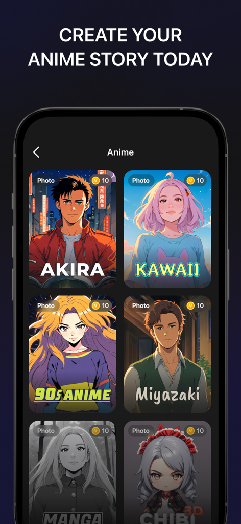 Vity: AI Video & Photo Maker - Mobile screen showing Vity app anime styles including Akira, Kawaii, and 90s Anime for AI avatar creation
