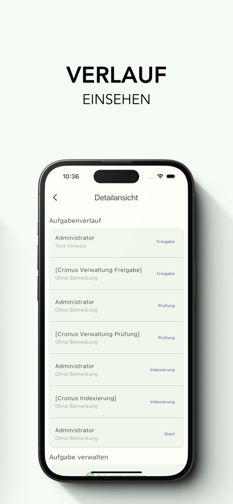 RechnungsManager - Mobile Benutzeroberfläche mit der Aufgabenhistorie und dem Audit-Trail für Rechnungsfreigaben.