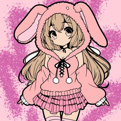 pretty anime girl wearing a fluffy hoodie with bunny ears on the hood and a skirt