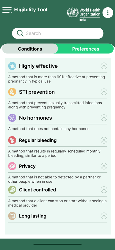 Eligibility Tool showing contraceptive preferences in the WHO MEC Wheel app