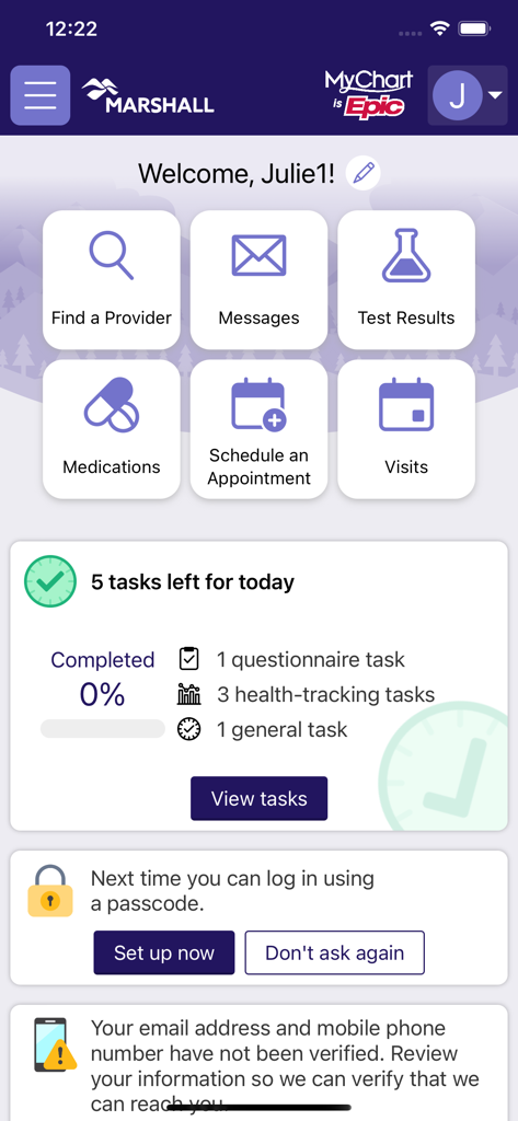 Marshall MyChart - Marshall MyChart dashboard showing medical management options like test results and appointments
