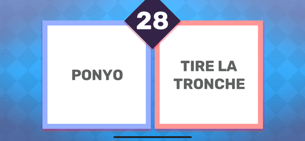 Écran de jeu de Ta Mère En Slip montrant deux cartes avec Ponyo et Tire La Tronche et un minuteur de 28 secondes