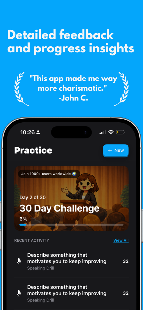 Kodi AI: Speaking Coach - Kodi AI Practice screen showing a thirty day challenge progress bar and recent speaking drills activity.