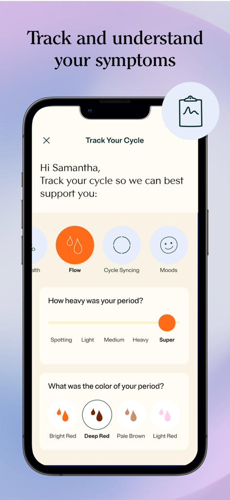 MyFlo® Period Tracker Calendar - Mobile interface of the MyFlo app for tracking period flow intensity and color