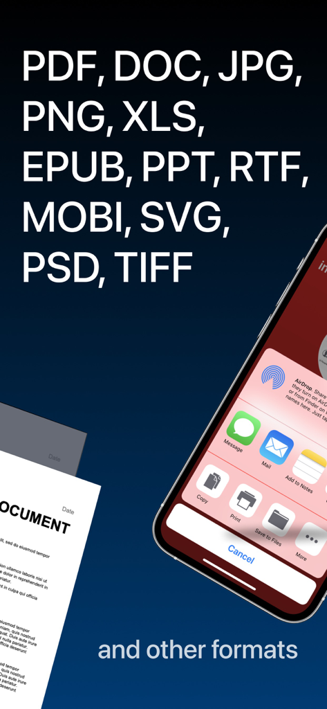 サポートされているファイル形式とiOS共有メニューオプションを表示するモバイルアプリのスクリーンショット