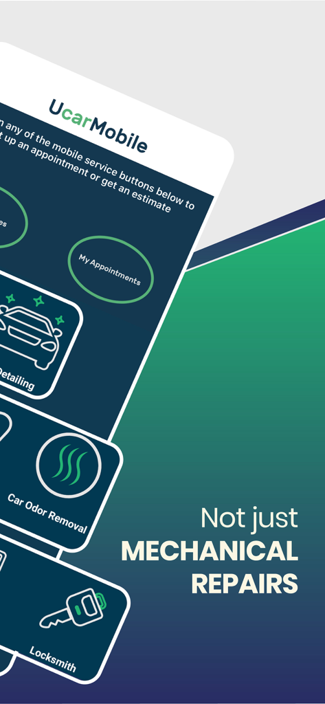 Interfaz de la aplicación UcarMobile que muestra varios servicios móviles para vehículos, incluido el detallado de automóviles y la eliminación de olores