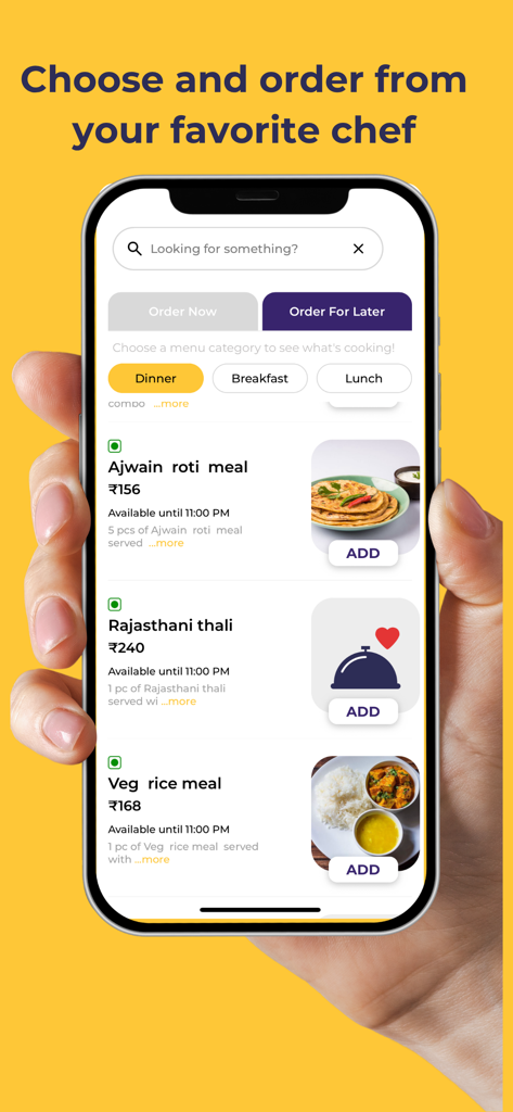 Homeal - Homeal app interface showing a variety of home cooked meals including Rajasthani thali and veg rice with options to order for later or order now