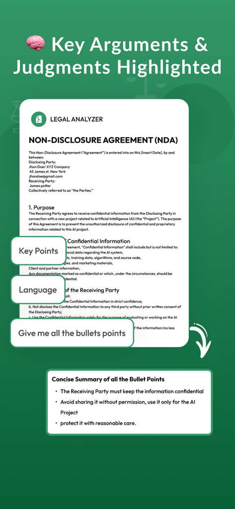AI Legal Analyzer app summarizing a non disclosure agreement into bullet points