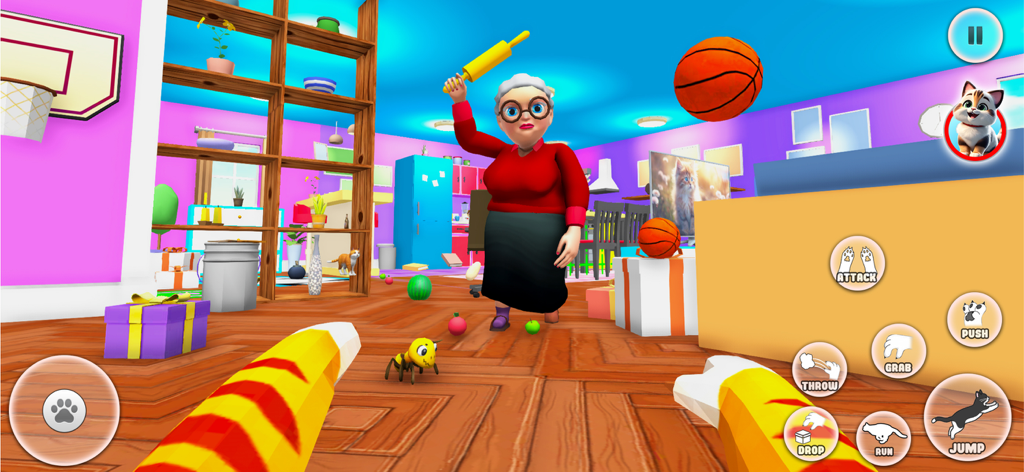 Annoying Pet Game 3D - Vista en primera persona de un gato causando caos en una casa mientras una mujer adulta enfadada observa en Annoying Pet Game 3D