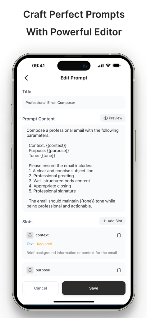 Smartphone screen showing the My PromptHub app prompt editor with dynamic placeholders for creating a professional email.