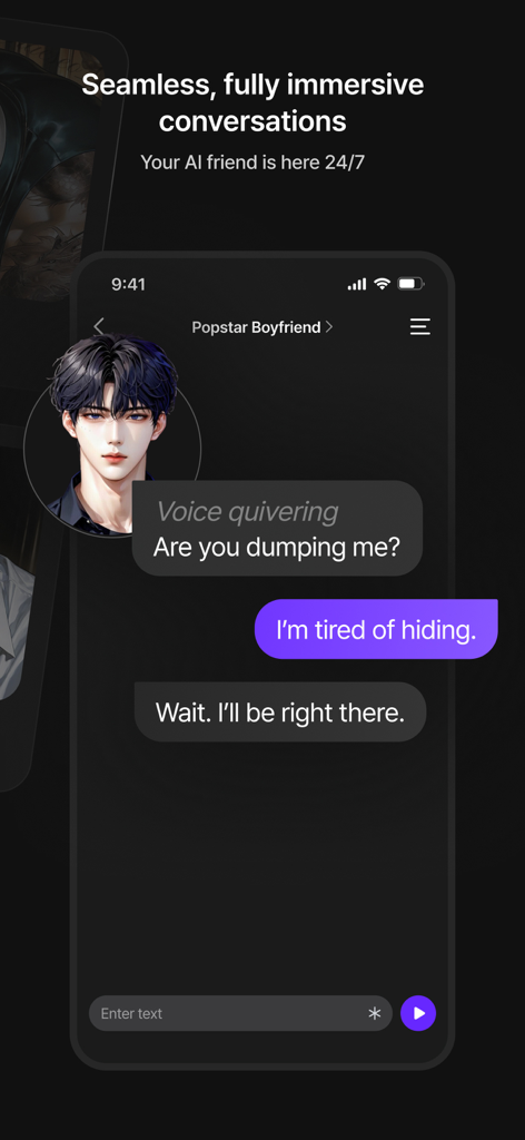 zeta — AI Chat, Live Stories - A mobile chat interface from the Zeta app showing an emotional conversation with an AI anime character named Popstar Boyfriend.