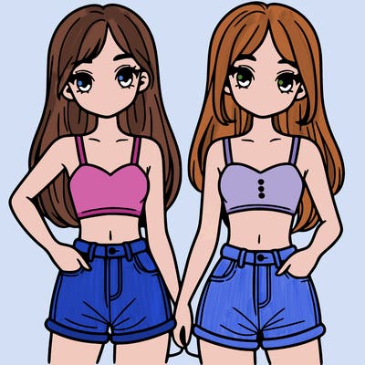 two sisters with crop tops and jean shorts and straight hair