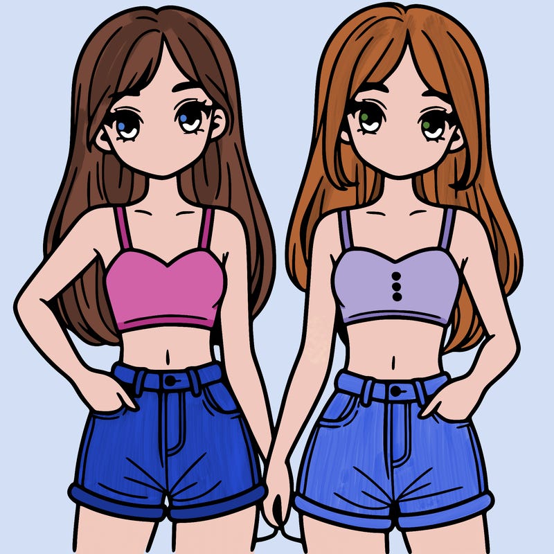 two sisters with crop tops and jean shorts and straight hair