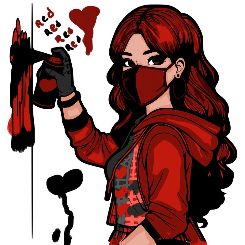 realistic girl with mask spray painting a wall