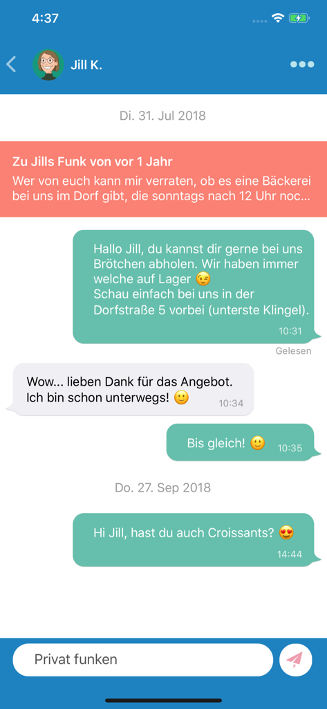 DorfFunk - A mobile app interface displaying a chat between neighbors in a rural community