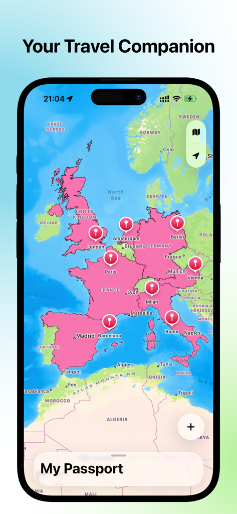 The Stamps travel tracker app interface showing a colorful map of Europe with visited countries highlighted in pink and location pins on major cities.